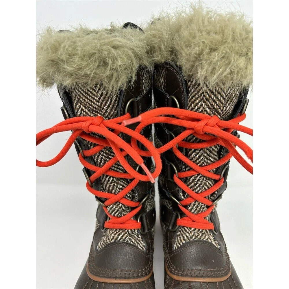 Sorel Tofino Snow Boots Womens Brown Herringbone Lace Up Faux Fur Winter 10